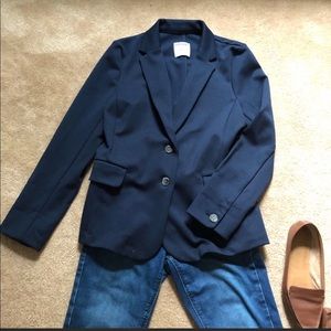 Navy blue ponte blazer.